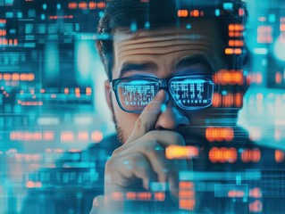 Fototapete - Focused Man with Glasses Engaged in Digital Interaction at a Modern Workspace Surrounded by Technology and Innovation in a Contemporary Setting