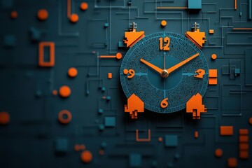 Fototapete - Vibrant Clock Design Featuring Dynamic Orange and Blue Shapes Evoking Modern Artistic Expression and Timelessness in Contemporary Home Decor