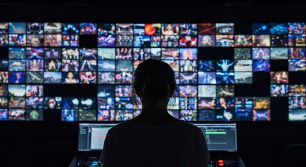 woman monitors media broadcast in control room for television use