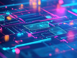 Fototapete - Futuristic Computer Circuit Design with Vibrant Blue and Pink Background Showcasing Intricate Patterns and Modern Technological Aesthetics for Innovation