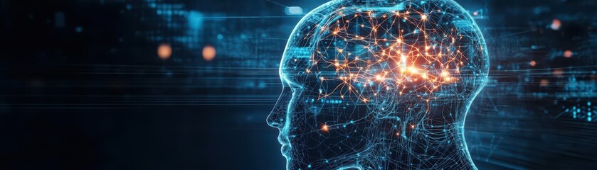 Poster - A Close Up Portrait of a Person with an Illuminated Brain Symbolizing Intellect and Creativity in a Contemplative and Inspirational Atmosphere