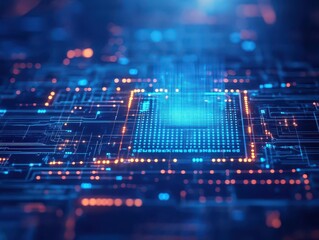 Fototapete - Intricate Circuit Board Design Glowing with Blue and Orange Lights Creating a Futuristic and High-Tech Atmosphere in a Modern Digital Environment