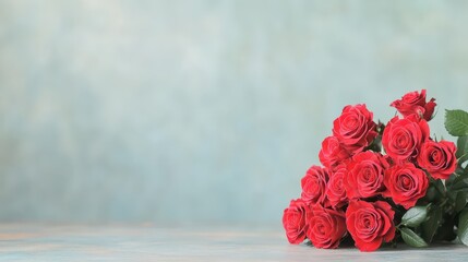 Poster - Elegant Arrangement of Vibrant Red Roses on a Wooden Table Surrounded by Natural Light Creating a Romantic and Inviting Atmosphere Perfect for Celebrations