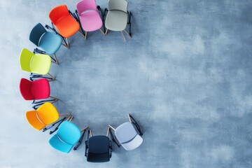 Poster - Vibrant Array of Colorful Chairs Artistically Arranged in a Circle Creating a Playful and Inviting Atmosphere for Social Gatherings or Relaxation