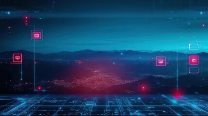 Poster - Futuristic Cityscape Illuminated by Vibrant Neon Lights Against a Dark Sky Creating a Dazzling Urban Atmosphere of Innovation and Modernity