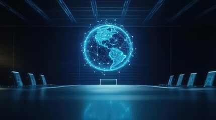 Poster - Mysterious Dark Room Illuminated by Ethereal Blue Light Featuring a Globe on the Wall Evoking a Sense of Exploration and Adventure in Starlit Ambiance