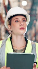 Poster - Inspection, tablet and walking with woman in warehouse for logistics or supply chain shipping. Checklist, counting and inventory with person in storage depot for distribution, packaging or stock