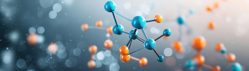 Poster - Colorful Group of Molecular Structures Featuring Vibrant Orange and Blue Spheres Representing Chemical Bonds and Dynamic Interactions in Science