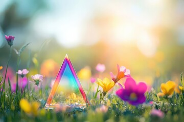 Poster - Vibrant Colorful Triangle Resting on Lush Green Grass Surrounded by Nature's Beauty Evoking a Playful and Artistic Atmosphere in Outdoor Setting
