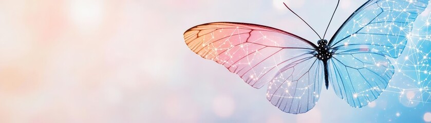 Poster - Vibrant Butterfly with Striking Blue and Pink Wings Perched Gracefully on a Leaf in a Lush Green Garden Surrounded by Colorful Flowers and Soft Light