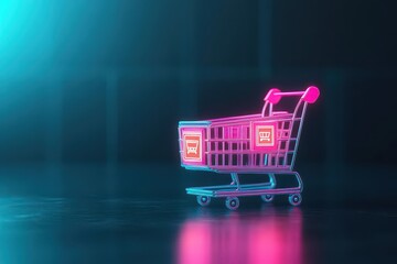 Poster - Vibrant Shopping Cart Illuminated by Neon Lights Against a Dark Urban Background Evoking a Modern and Lively Atmosphere in a Retail Environment
