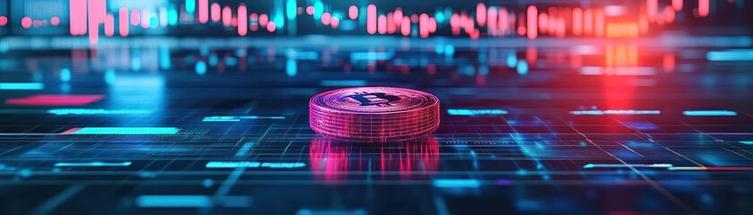 Poster - A Stack of Shimmering Coins Resting on a Digital Screen Surrounded by Soft Light Creating an Atmosphere of Wealth and Technology in Modern Finance