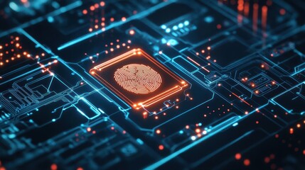 Fototapete - Intricate Circuit Board Design Featuring Unique Fingerprint Pattern Symbolizing Technology Security and Identity Verification in Modern Digital Era