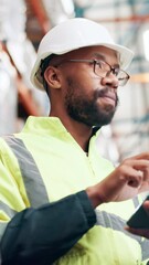 Poster - Counting, inspection and tablet with black man in warehouse for logistics, shipping or supply chain company. Checklist, inventory and stock with person in storage depot for distribution or packaging
