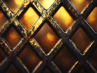Poster - Golden light filtering through the intricate pattern of a weathered metal grid