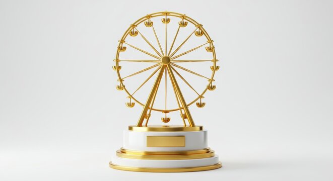 Gleaming golden ferris wheel trophy on a white and gold pedestal in minimal setting