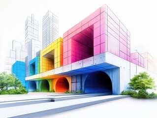 Poster - Vibrant Colorful Building with Numerous Showcasing Modern Architecture and Urban Design in a Lively Cityscape during Bright Daylight
