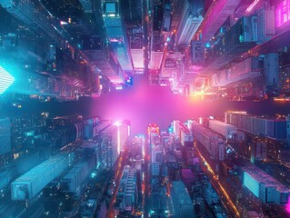 Poster - Vibrant Futuristic Cityscape Illuminated by Brilliant Neon Lights Reflecting a Lively Urban Atmosphere with a Dreamlike and Technological Aesthetic