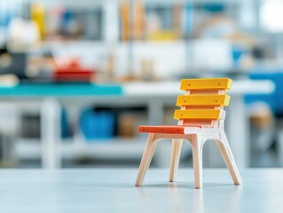 Fototapete - Vibrant Multicolored Stack of Chairs Displayed on a Table Offering a Playful and Artistic Atmosphere Perfect for Modern Interior Design and Decor