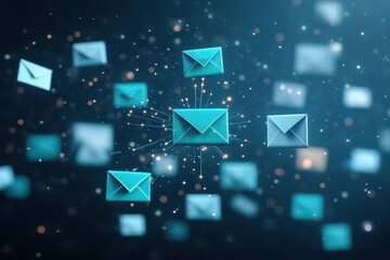 Poster - Dynamic Blue Envelope Surrounded by a Network of Emails Representing Digital Communication and Connectivity in a Modern Technological Environment