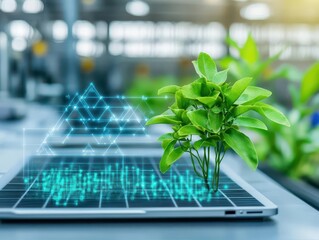 Poster - Vibrant Green Plant Emerging from a Modern Tablet Symbolizing Technology and Nature Coexisting Harmoniously in a Fresh and Innovative Environment