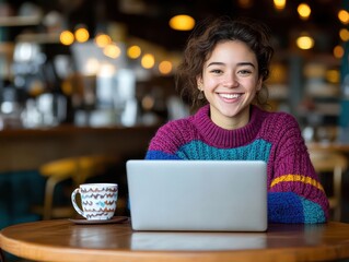 Poster - Focused Woman Engaged in Productive Work at a Cozy Table with Laptop Surrounded by Warm Lighting and a Calm Ambience Creating a Modern Workspace