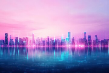 Poster - Vibrant City Skyline at Night Illuminated by Bright Lights Creating a Lively Urban Atmosphere with Skyscrapers and Starry Sky in the Background