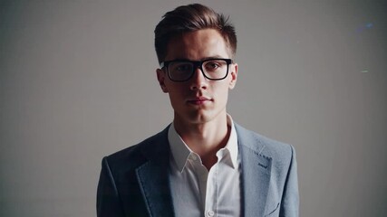 Poster - Light streaks and digital glitches are appearing on a solid background behind a businessman wearing glasses and a gray suit while looking at the camera