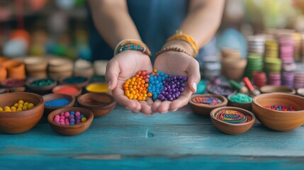 Poster - A Woman Delicately Holding a Handful of Vibrant Colorful Beads Capturing the Essence of Crafting Creativity and Artistic Expression in a Bright Environment