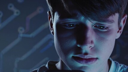 Poster - Pensive young man using smartphone with futuristic circuit board background, illuminated by blue light, creating a technological and contemplative atmosphere