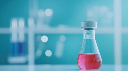 Poster - Vibrant Pink Liquid in Laboratory Bottle Surrounded by Scientific Equipment Creating a Colorful and Engaging Atmosphere for Research and Discovery