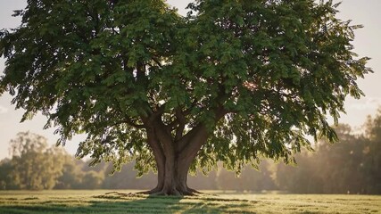 Poster - Solitary tree standing in expansive green meadow, bathed in golden sunlight casting warm shadows across peaceful rural landscape during golden hour