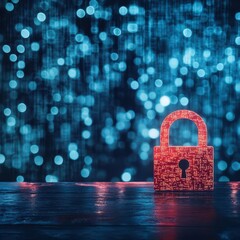 Poster - A Vintage Lock Resting on a Wooden Table Surrounded by a Calm Blue Background Evoking a Sense of Security and Nostalgia in a Tranquil Setting