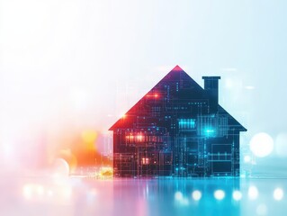 Poster - Charming House Set Against Intricate Blueprint Background Showcasing Architectural Design Elements and Aesthetic Appeal with Vibrant Color Contrast