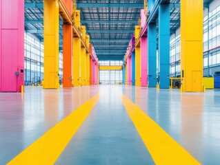 Fototapete - Vibrant Warehouse Interior Showcasing Colorful Painted Floors and Expansive Open Space with Natural Light Enhancing the Creative Atmosphere and Design Aesthetic
