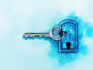 Fototapete - An Isolated Metallic Key on a Vivid Blue Background Evoking Feelings of Security Mystery and Intrigue in a Simple Yet Striking Composition