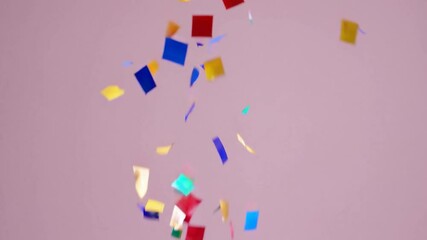 Poster - Multicolored confetti pieces falling softly through air, drifting against vibrant pink background and creating dynamic, joyful visual representing festive celebration moment
