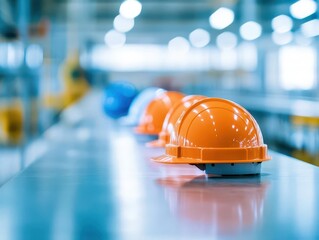 Poster - Safety Gear on Display in Industrial Setting with Hard Hat Resting on Table Surrounded by Tools and Equipment Highlighting Workplace Precautions