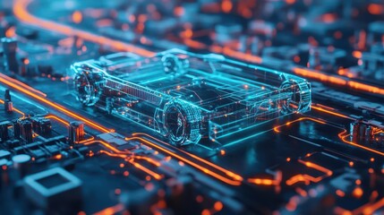 Poster - Futuristic Car Reflecting Modern Urban Environment Surrounded by Skyscrapers and Neon Lights Under a Starry Night Sky Creating a Dynamic Atmosphere