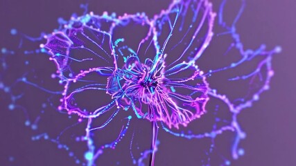 Poster - Digital flower is blooming, revealing its intricate structure made of connected particles, creating a captivating visual representation of growth and transformation against a purple backdrop