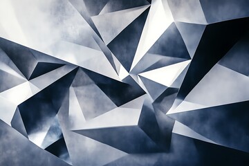 Poster - Overlapping geometric triangles in slate gray and deep navy blue, arranged in a dynamic, shifting pattern across a soft silver backdrop 