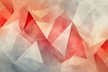 Poster - Overlapping polygons in ruby red and peach, rotated in rhythmic patterns over a cool grey gradient 