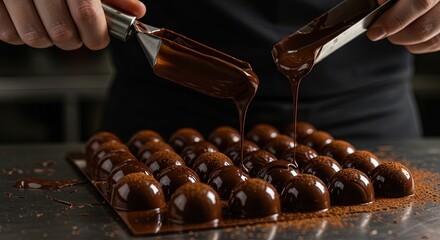 Aufkleber - Chef finishes decadent chocolate truffles with molten chocolate for dessert