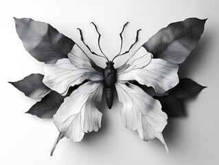 Poster - Monochrome transformation: A conceptual butterfly constructed from delicate leaves
