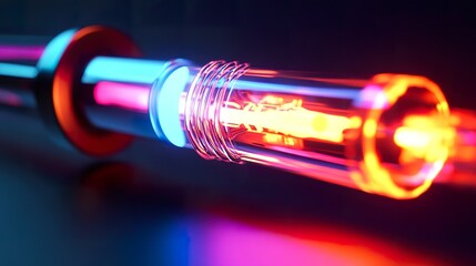 Fototapete - A glowing holographic energy beam transferring power between futuristic gadgets.