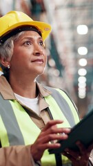 Poster - Checklist, inspection and tablet with woman in warehouse for logistics, shipping or supply chain company. Counting, inventory and stock with mature person in depot for distribution or packaging