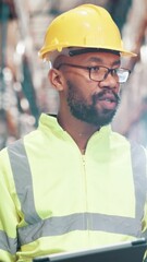 Poster - Black man, contractor or discussion with tablet for logistics, supply chain or distribution at warehouse. Male person, employee or talking with technology for inventory, stock or storage control
