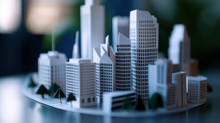 Detailed miniature cityscape showcasing modern architecture with trees and greenery in background