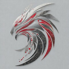 Poster - Stylized Avian Design: An Ornamental Bird Motif with Crimson and Silver Accents