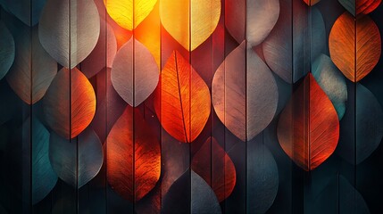 Poster - Abstract textural leaf composition with vibrant warm hues on wood paneling